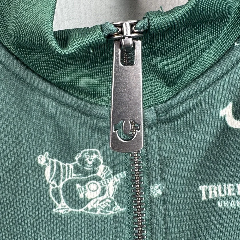 True Religion Track Jacket Mens S Green Monogram Buddha Logo Full Zip Stripe Y2K